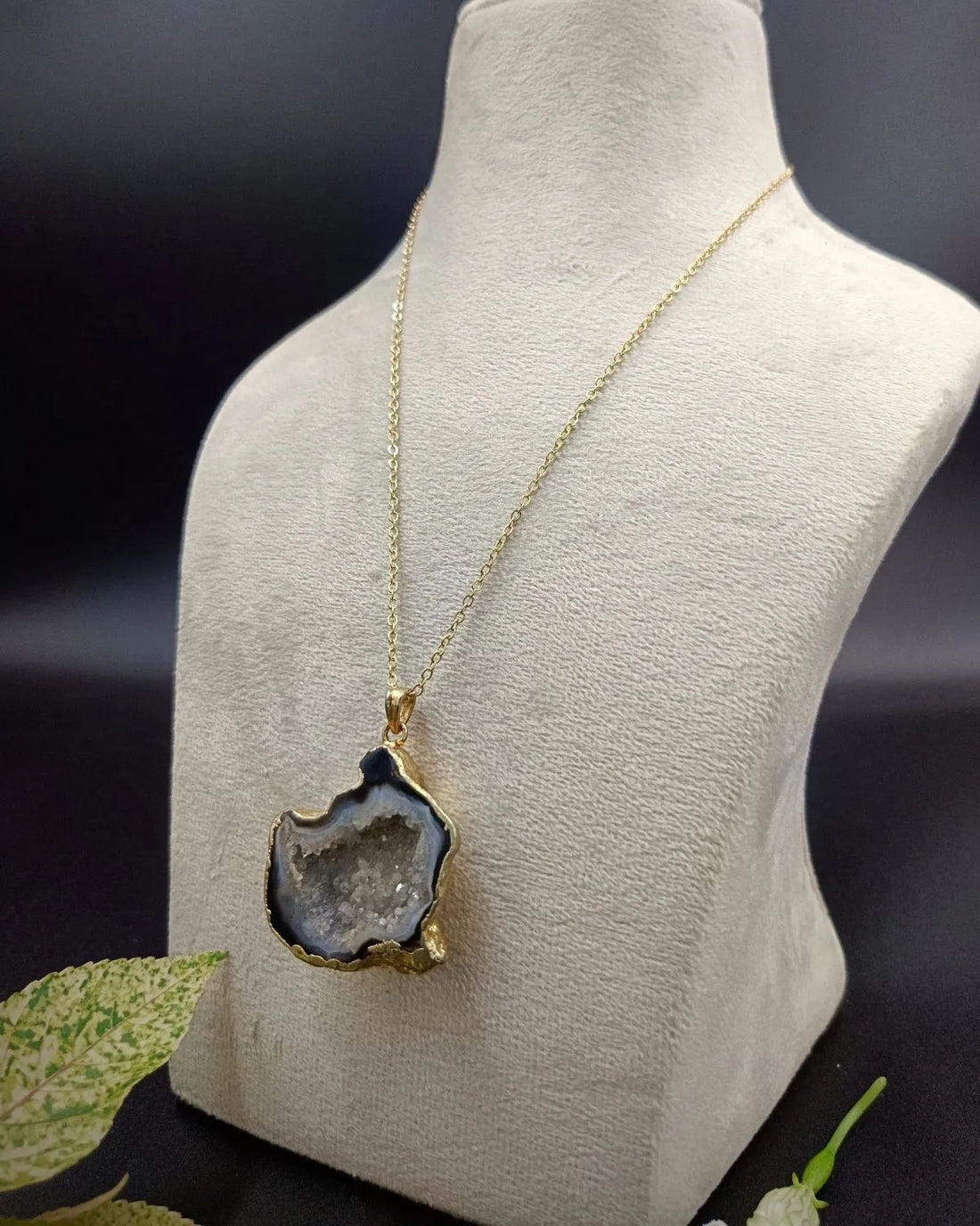 Crystal Cove Druzy Stone Pendant Necklace - Black Mirage