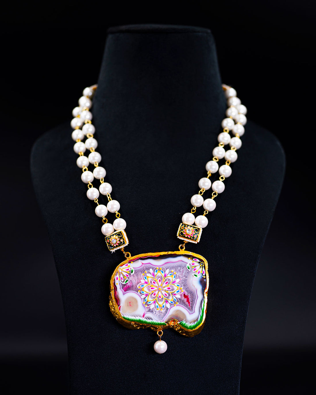 Golden Links Opera Necklace with Shell Pearls and Hand painted Agate Slice Pendant