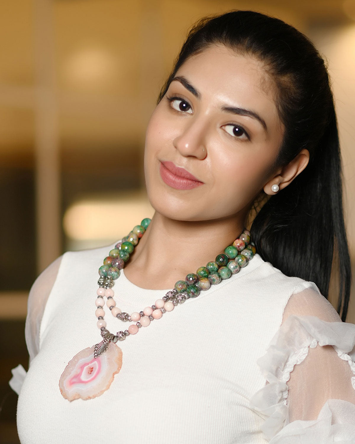 Timeless Noir Opera Necklace - Agate Stones & Agate Slice Pendant