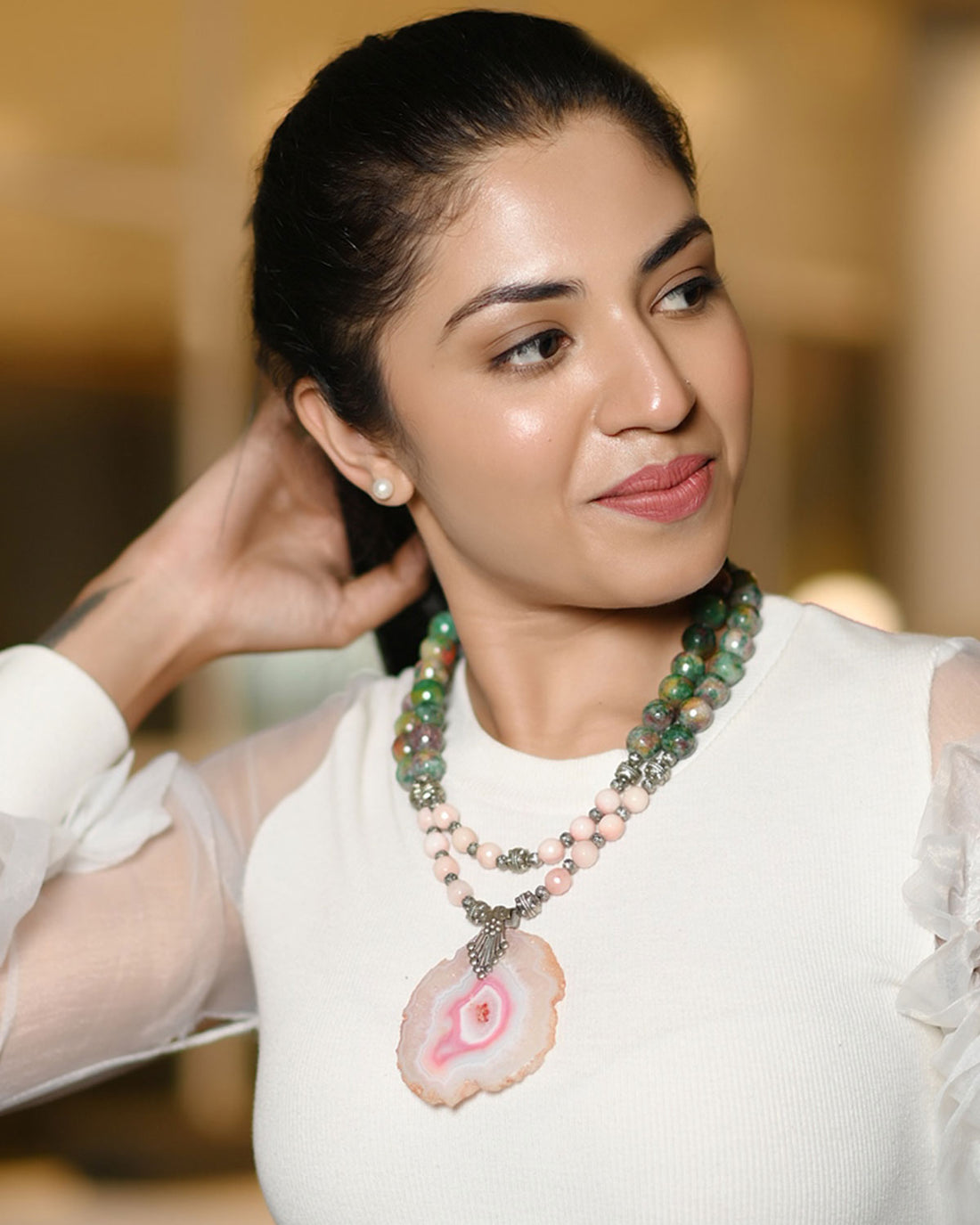 Timeless Noir Opera Necklace - Agate Stones & Agate Slice Pendant