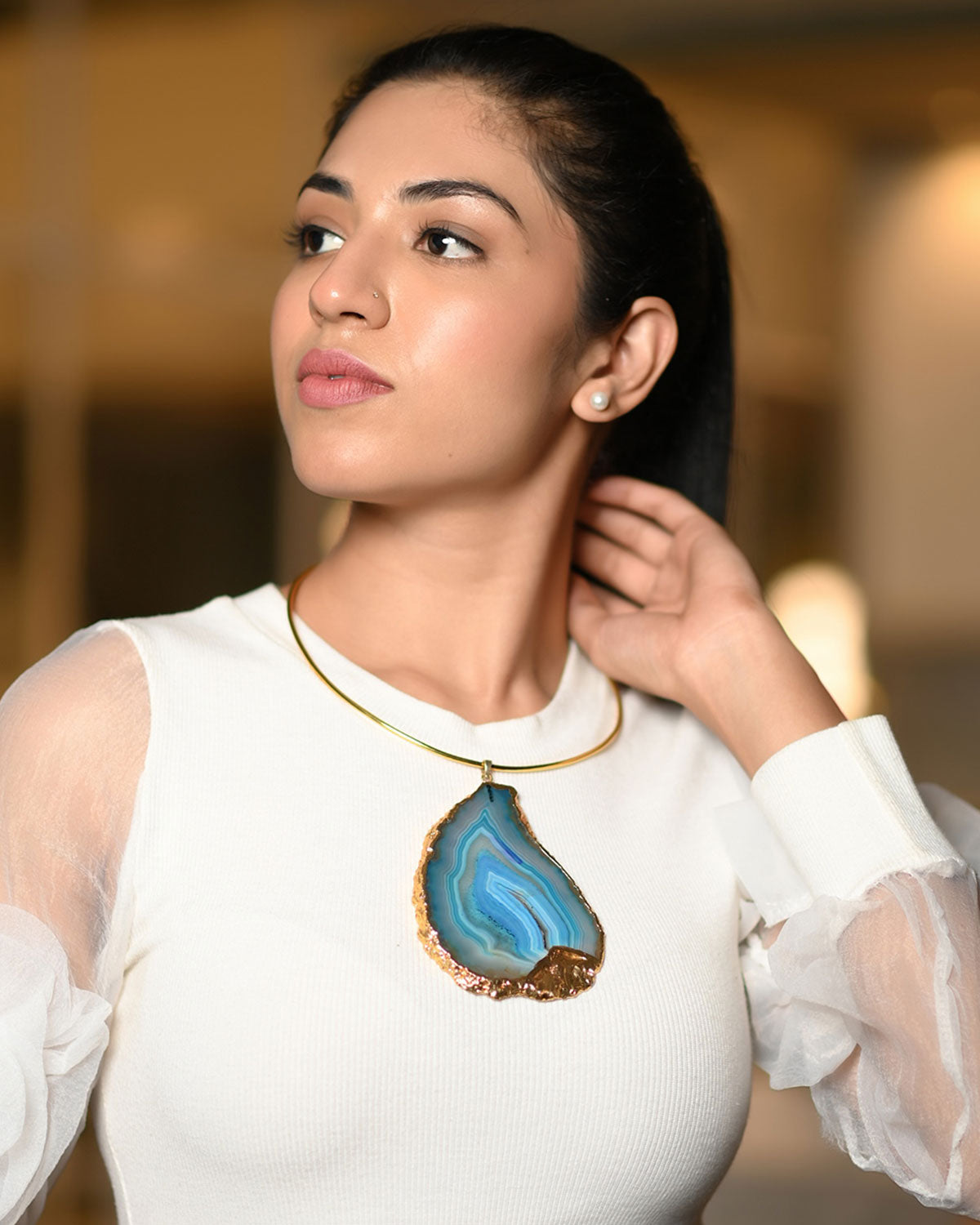 Golden Teardrop Necklace with Agate Slice Stone and Brass Hasli
