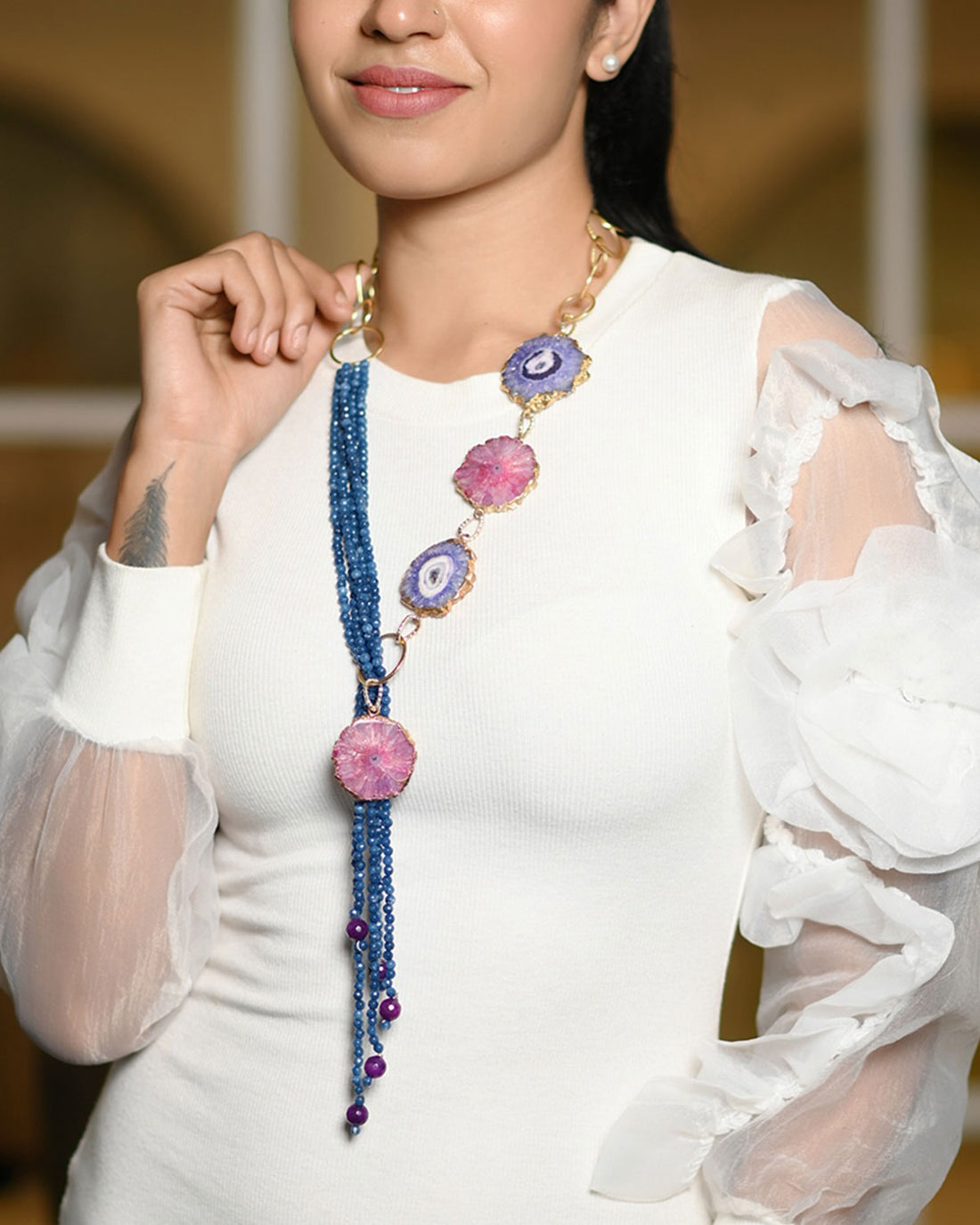 Stone Symphony Magenta and Blue color Rope Necklace with Agate Slice and Onyx Stones