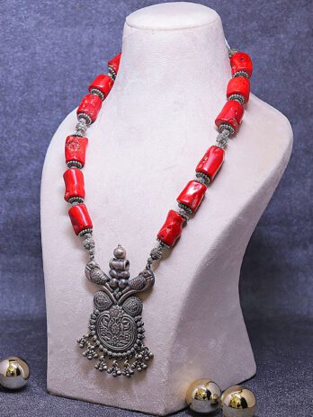 Scarlet Bloom - Bamboo Coral Stones with Hallmarked 92.5 Sterling Silver Pendant Necklace