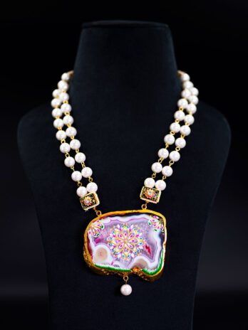 Golden Links Opera Necklace with Shell Pearls and Hand painted Agate Slice Pendant