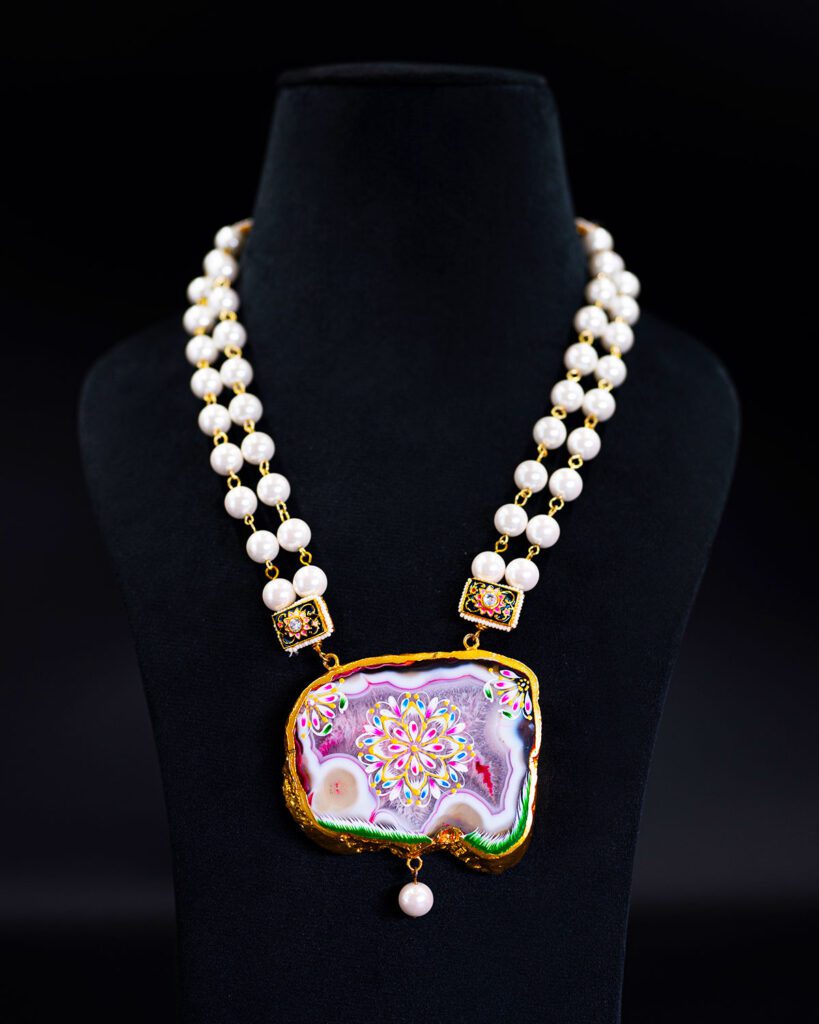 Golden Links Opera Necklace with Shell Pearls and Hand painted Agate Slice Pendant