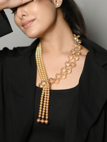 Golden Harmony Matinee Necklace with Shell Pearls and Glass Faceted Crystals
