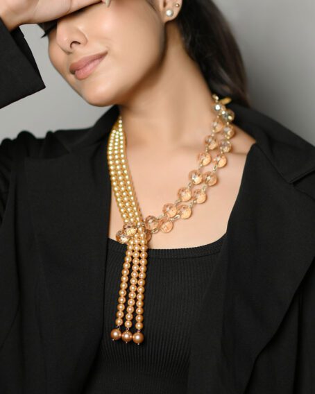 Golden Harmony Matinee Necklace with Shell Pearls and Glass Faceted Crystals