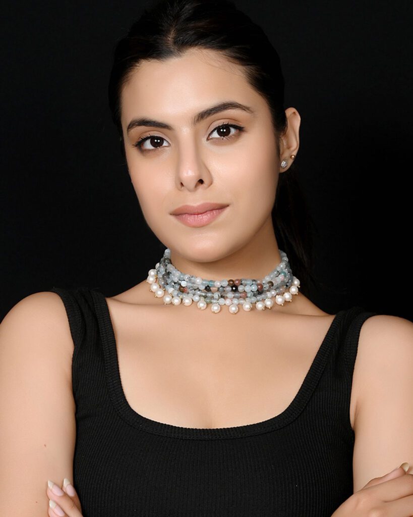 Blue Bloom Choker Necklace with Onyx Stones and Shell Pearls