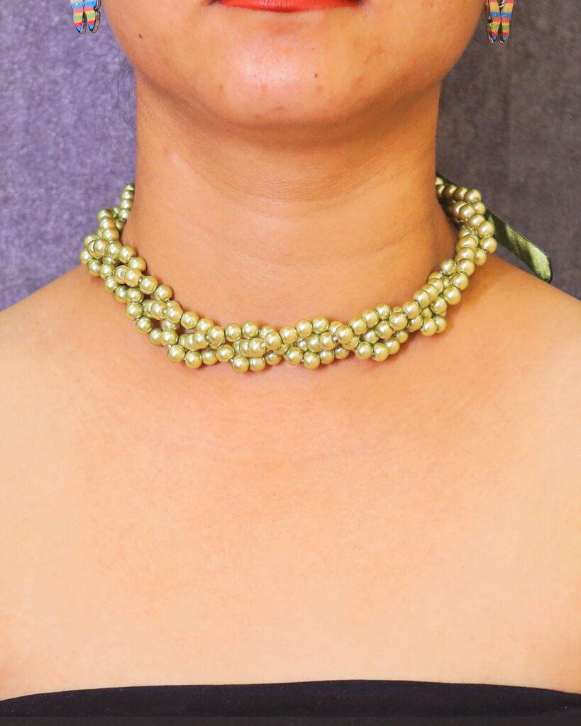 Radiant Thread Choker Pistachio color Necklace cum Hairband with Shell Pearls
