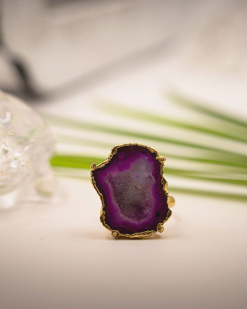 Shimmer Nest Purple Adjustable Ring with Geode Stone.