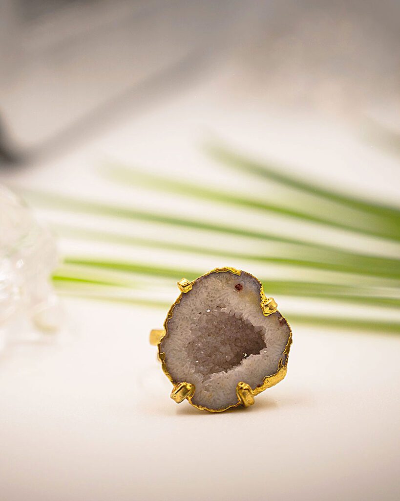 Shimmer Nest White Adjustable Ring with Geode Stone.