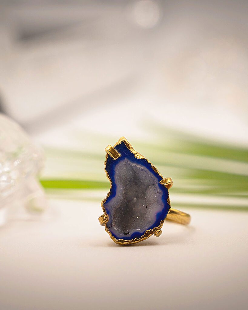 Shimmer Nest Blue Adjustable Ring with Geode Stone.