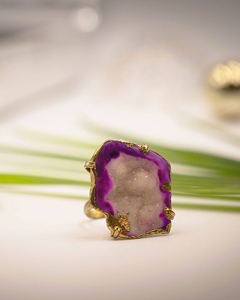 Shimmer Nest Purple adjustable Ring with Geode Stone.