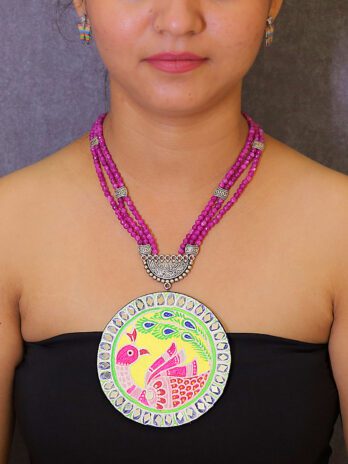 Mor Rang - Hand Painted Lippan Art Necklace with Jade Stones