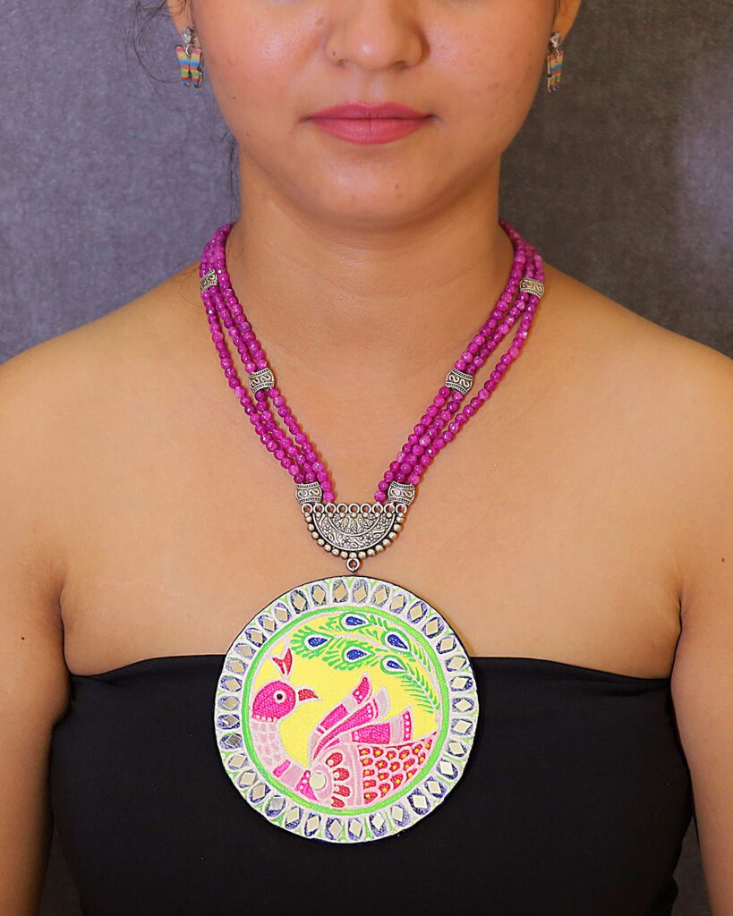 Mor Rang - Hand Painted Lippan Art Necklace with Jade Stones