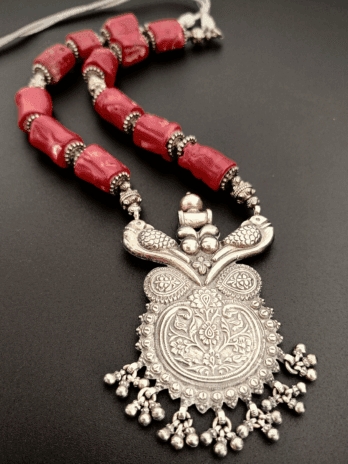 Scarlet Bloom Necklace - Bamboo Coral Stones with Hallmarked 92.5 Sterling Silver Pendant