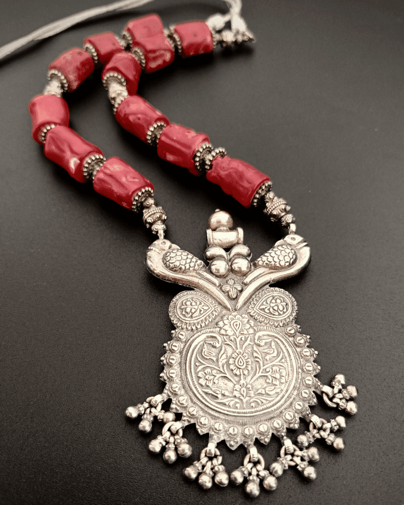 Scarlet Bloom Necklace - Bamboo Coral Stones with Hallmarked 92.5 Sterling Silver Pendant