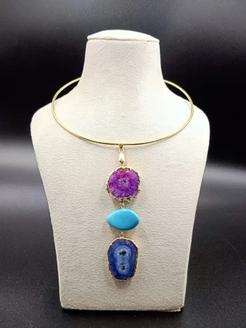 Wild Aura Necklace- Purple Agate Slice Stones & Brass Hasli (Copy)