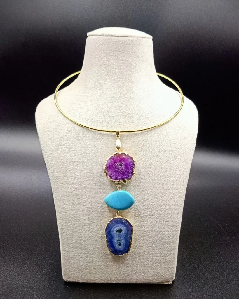 Wild Aura Necklace- Purple Agate Slice Stones & Brass Hasli (Copy)