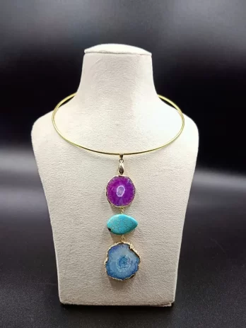 Wild Aura Necklace- Aqua Agate Slice Stones & Brass Hasli