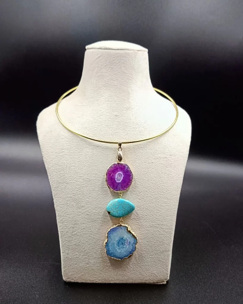 Wild Aura Necklace- Aqua Agate Slice Stones & Brass Hasli