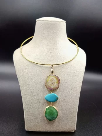 Wild Aura Necklace- White Agate Slice Stones & Brass Hasli