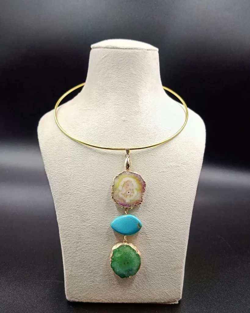 Wild Aura Necklace- White Agate Slice Stones & Brass Hasli