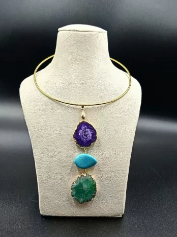 Wild Aura Necklace- Lavender Agate Slice Stones & Brass Hasli