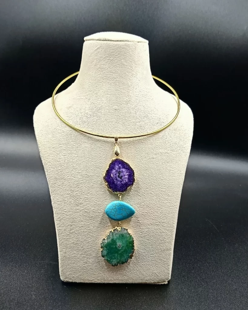 Wild Aura Necklace- Lavender Agate Slice Stones & Brass Hasli
