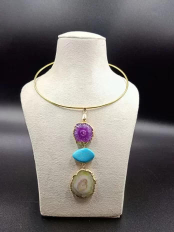 Wild Aura Necklace- Yellow Agate Slice Stones & Brass Hasli