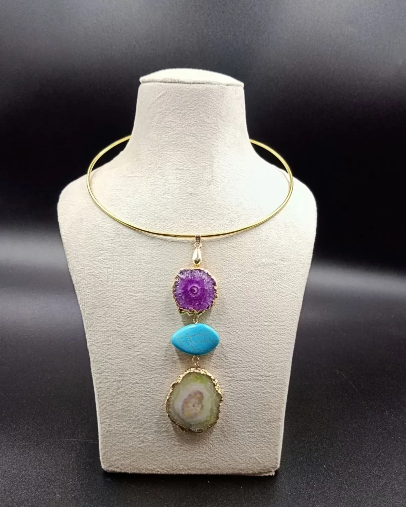 Wild Aura Necklace- Yellow Agate Slice Stones & Brass Hasli