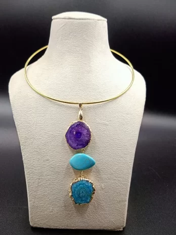 Wild Aura Necklace- Green Agate Slice Stones & Brass Hasli