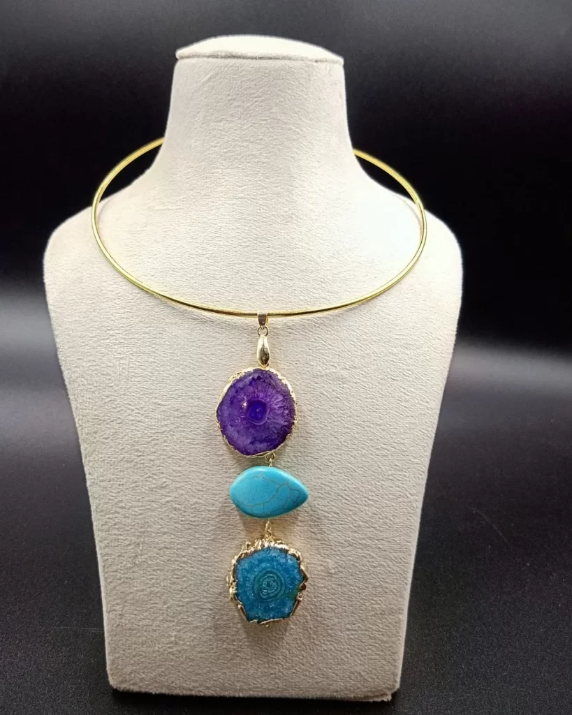 Wild Aura Necklace- Green Agate Slice Stones & Brass Hasli