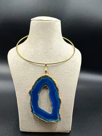 Raw Radiance Necklace- Royal Agate Slice Stone & Brass Hasli