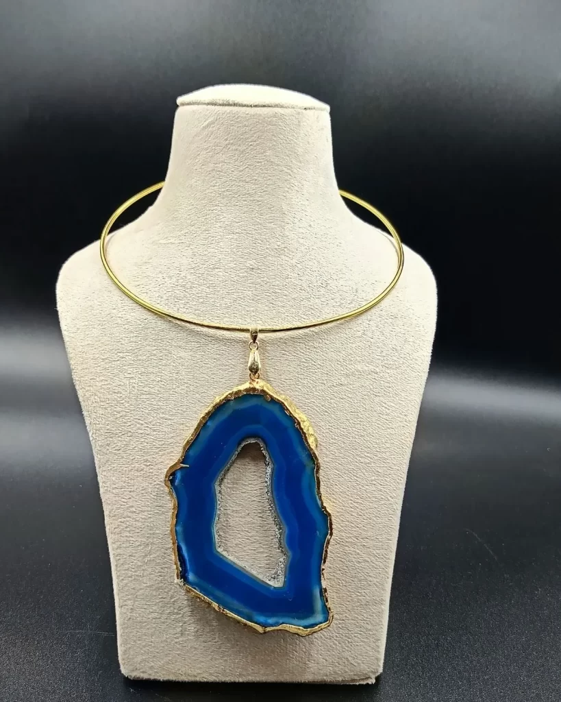 Raw Radiance Necklace- Royal Agate Slice Stone & Brass Hasli