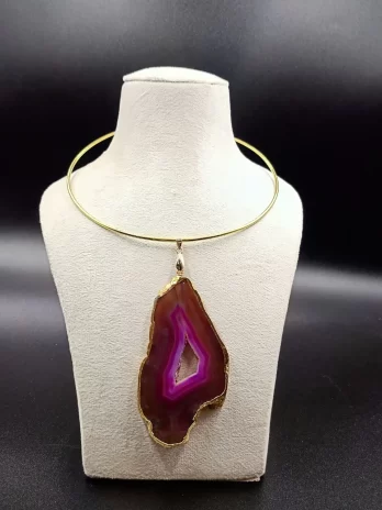 Raw Radiance Necklace- Rose Agate Slice Stone & Brass Hasli