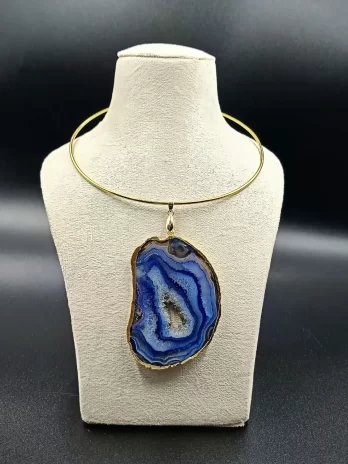 Raw Radiance Necklace- Indigo Agate Slice Stone & Brass Hasli