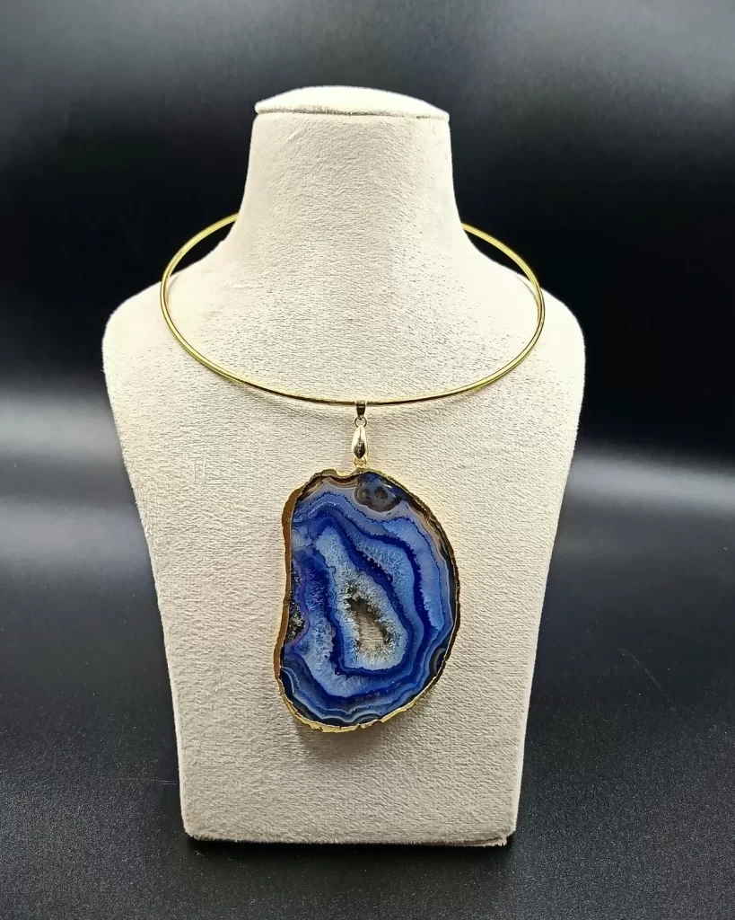 Raw Radiance Necklace- Indigo Agate Slice Stone & Brass Hasli