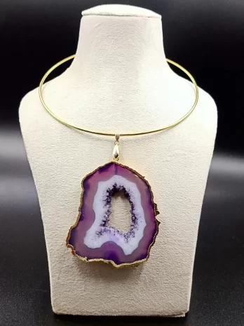 Raw Radiance Necklace- Lavender Agate Slice Stone & Brass Hasli
