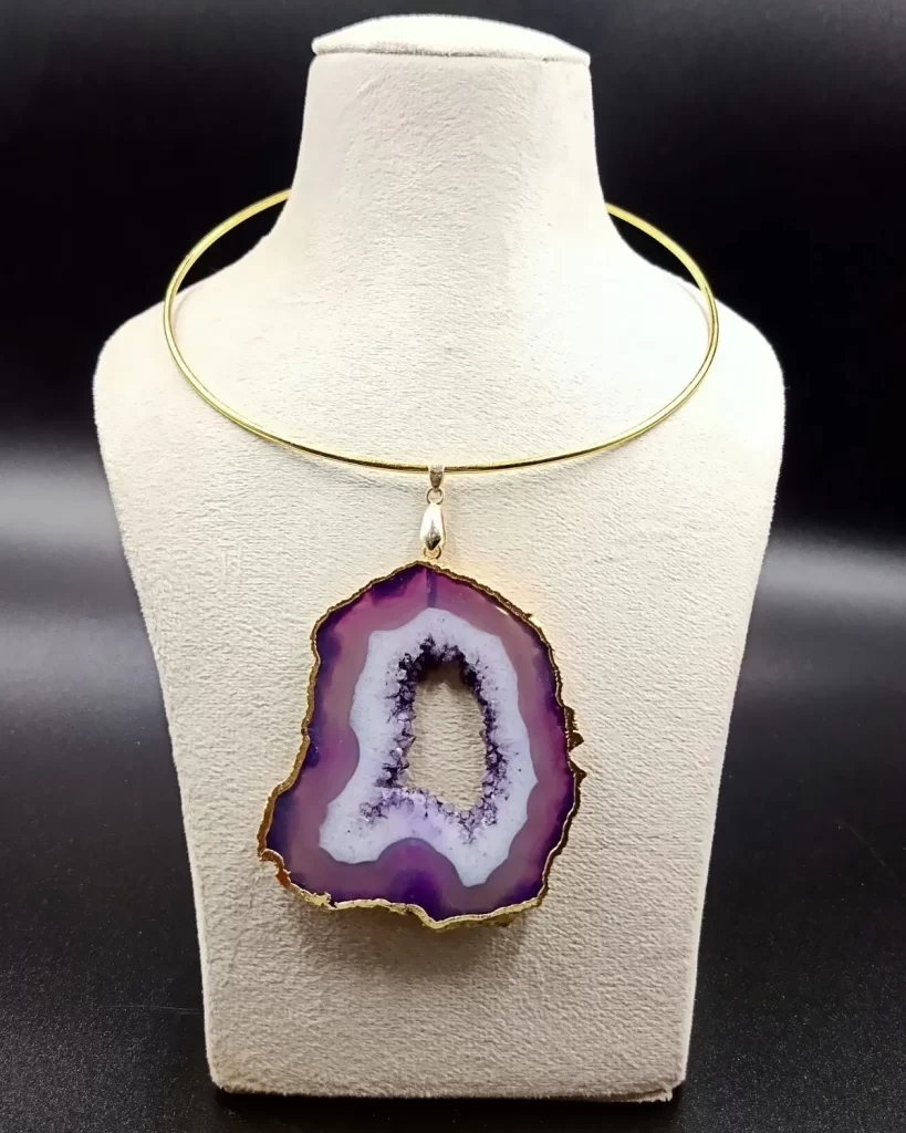 Raw Radiance Necklace- Lavender Agate Slice Stone & Brass Hasli