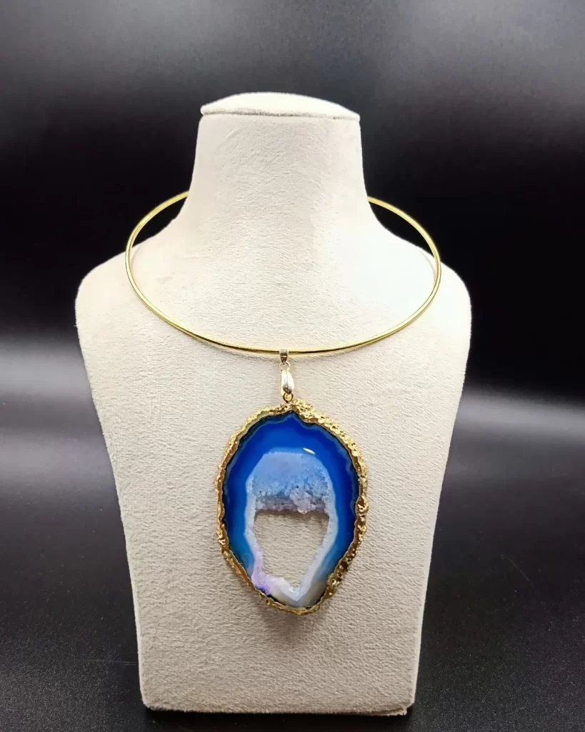 Raw Radiance Necklace- Aqua Agate Slice Stone & Brass Hasli