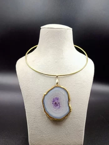 Raw Radiance Necklace- Lilac Agate Slice Stone & Brass Hasli