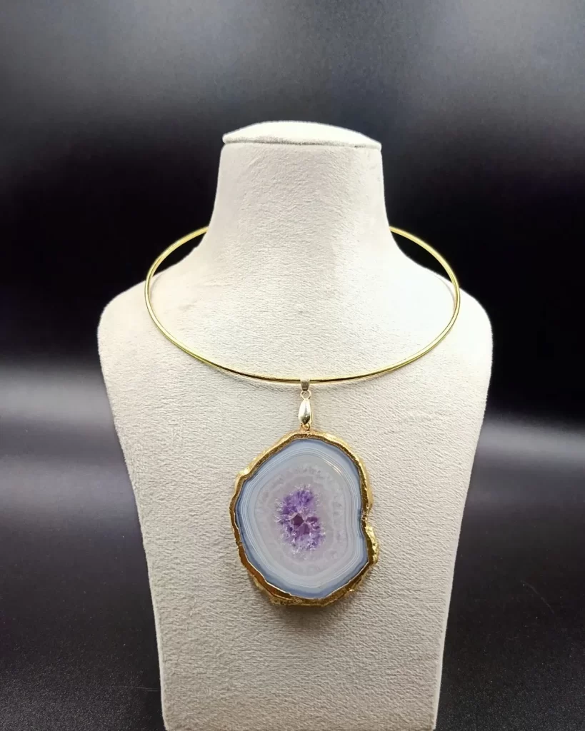 Raw Radiance Necklace- Lilac Agate Slice Stone & Brass Hasli