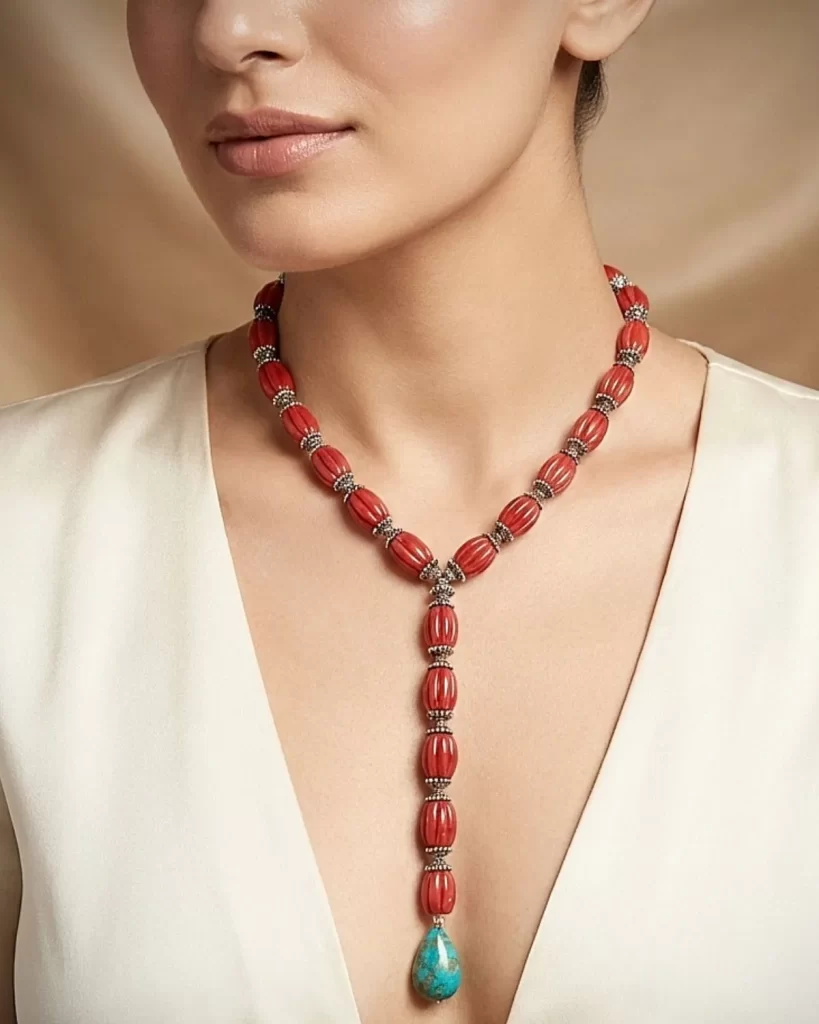 Desert Tide – Coral & Turquoise Drop Necklace