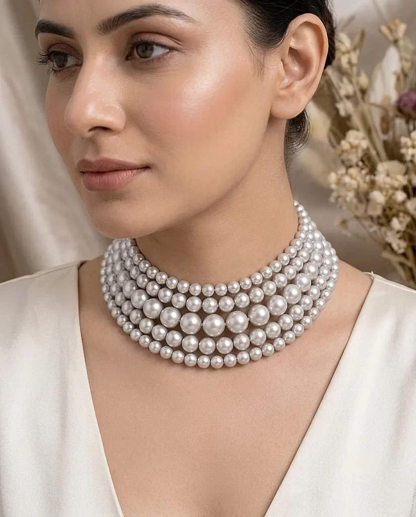 The Silver Cascade – Graduated Multi-Strand Pearl Choker