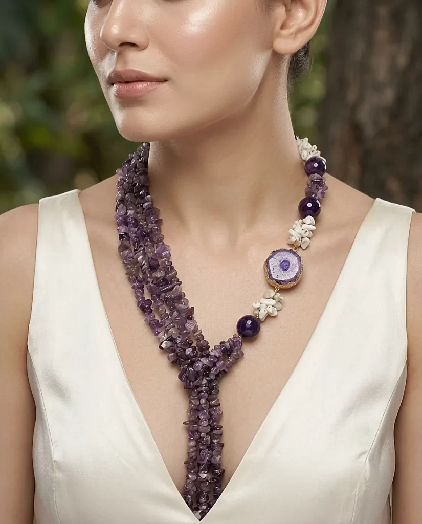 Violet Eclipse – Asymmetrical Uncut Amethyst & Natural Agate Slice Necklace