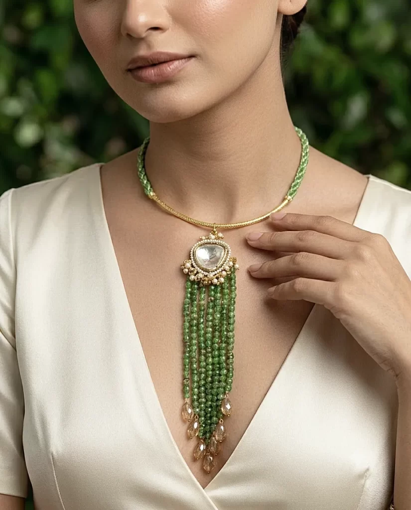 The Emerald Cascading Kundan – Green Onyx & Pearl Y-Necklace
