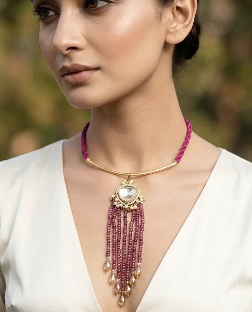 The Crimson Cascading Kundan – Onyx Stones Y-Necklace
