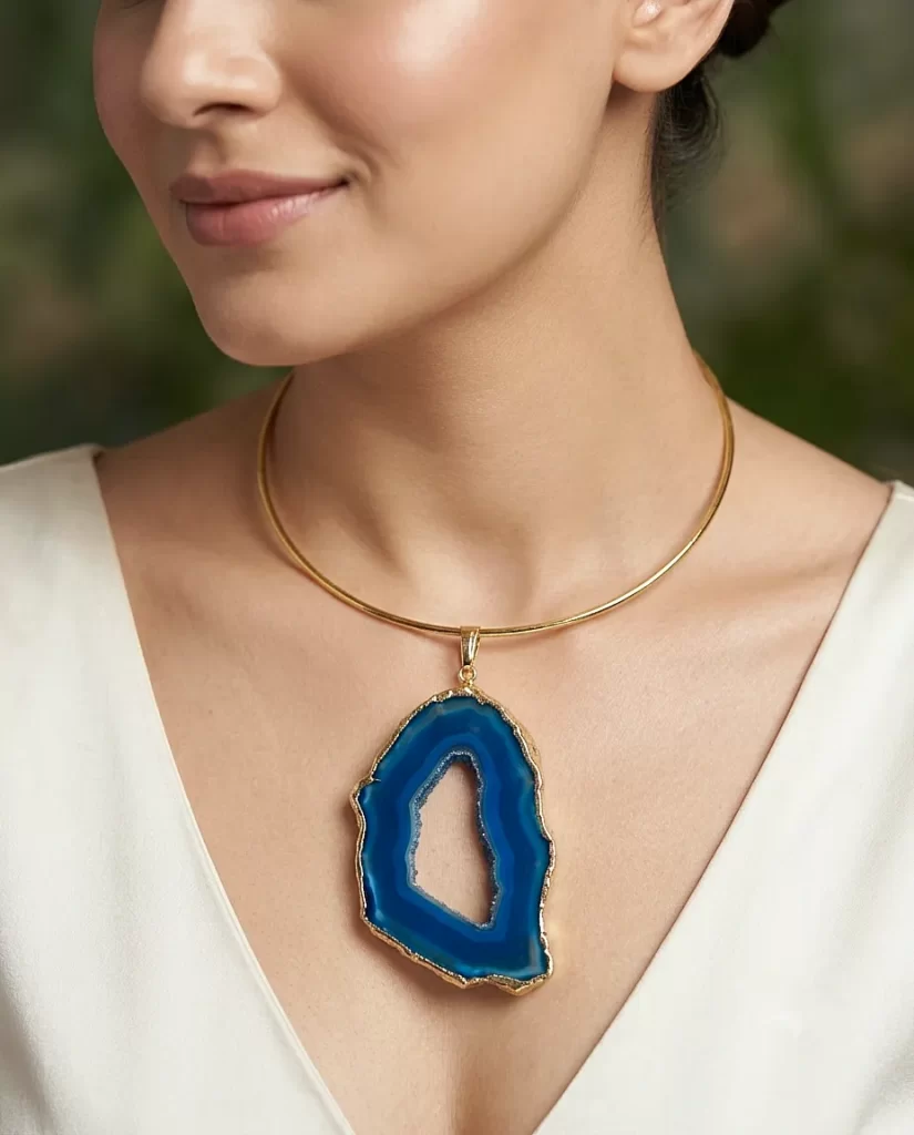 Raw Radiance Necklace- Royal Agate Slice Stone & Brass Hasli