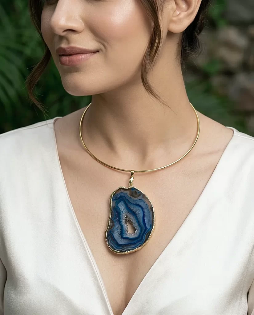 Raw Radiance Necklace- Indigo Agate Slice Stone & Brass Hasli